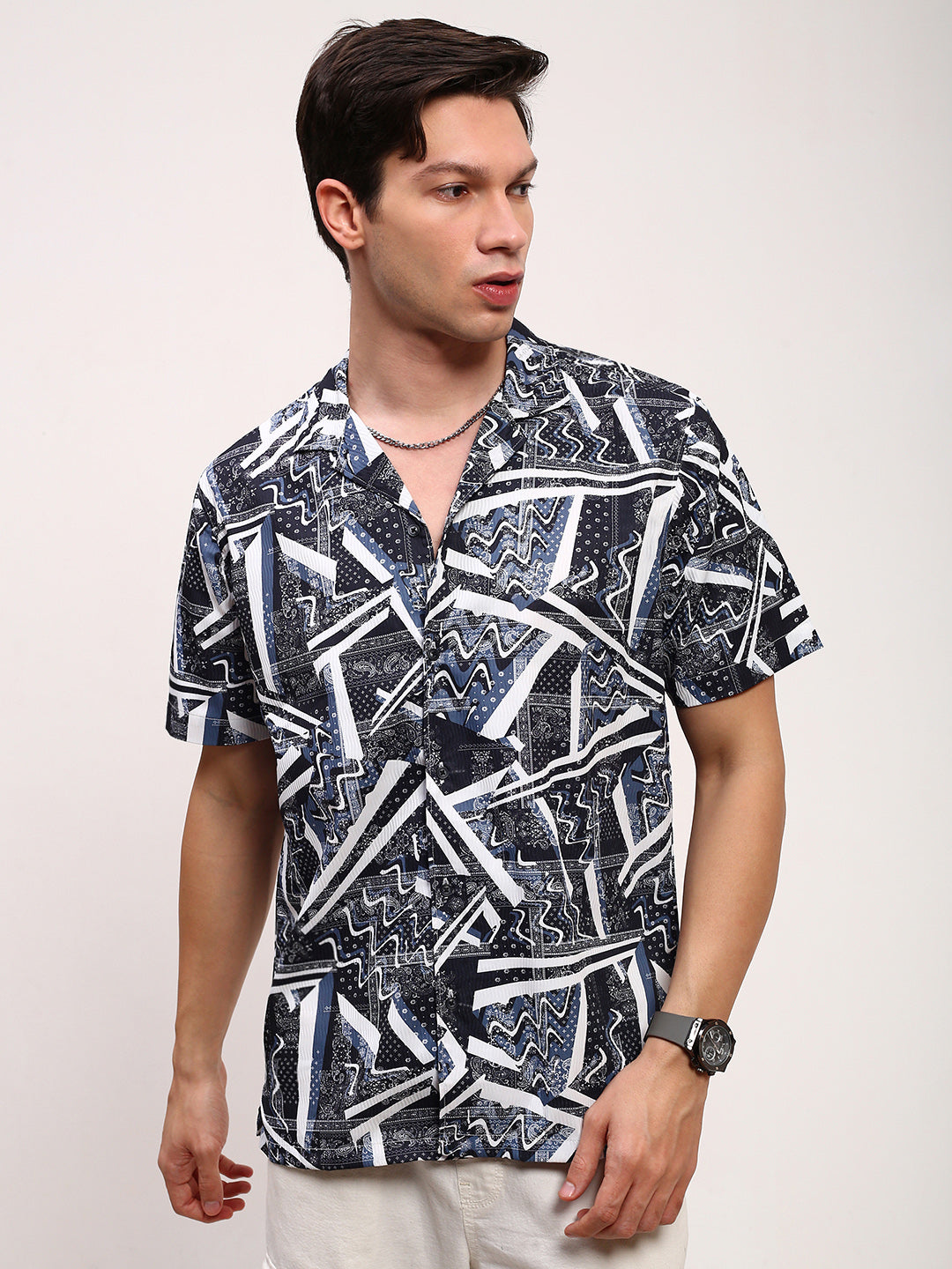 Men Black Floral Cuban Collar Shirt