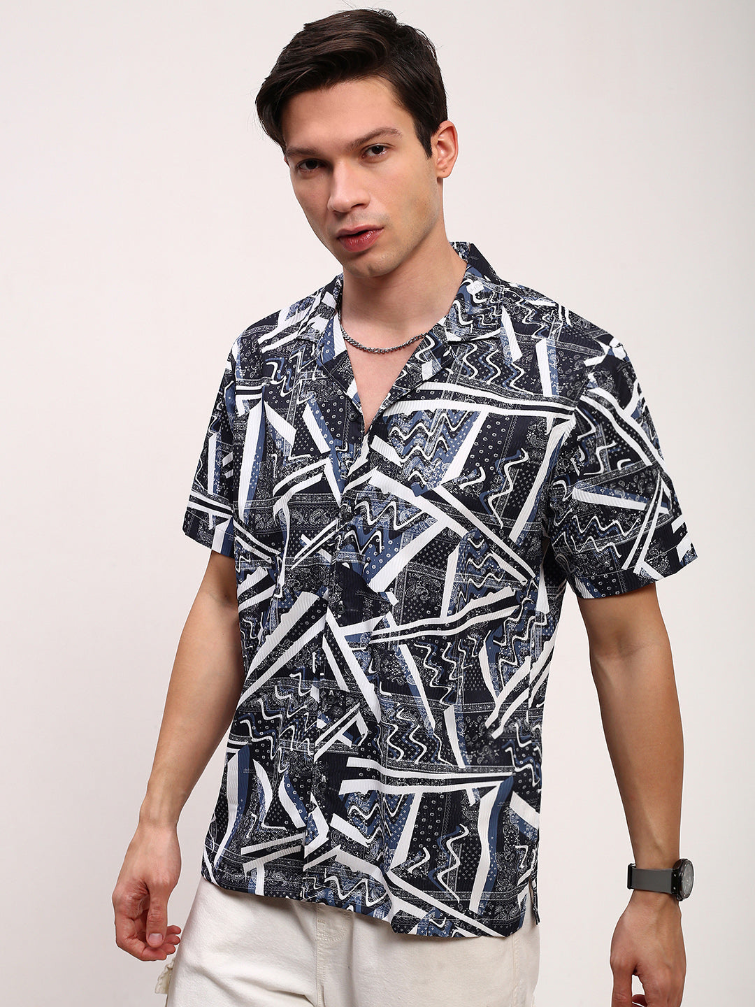 Men Black Floral Cuban Collar Shirt