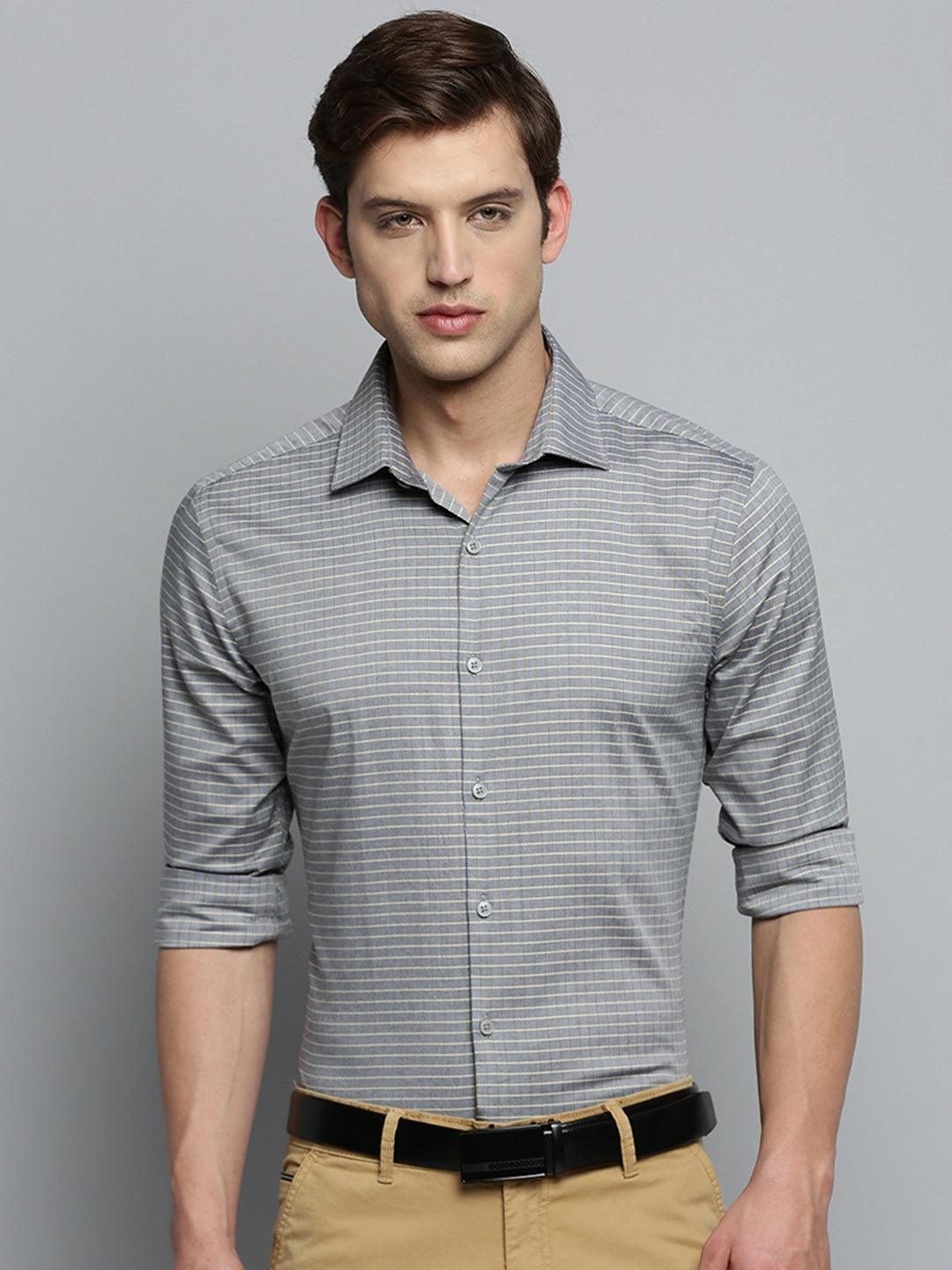 Men Spread Collar Checked Grey Shirt