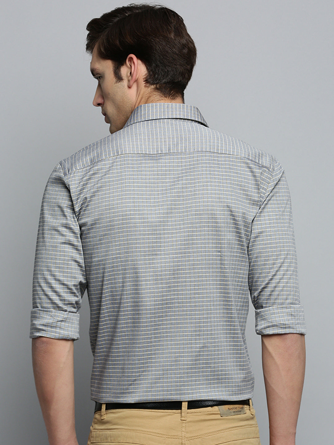 Men Spread Collar Checked Grey Shirt