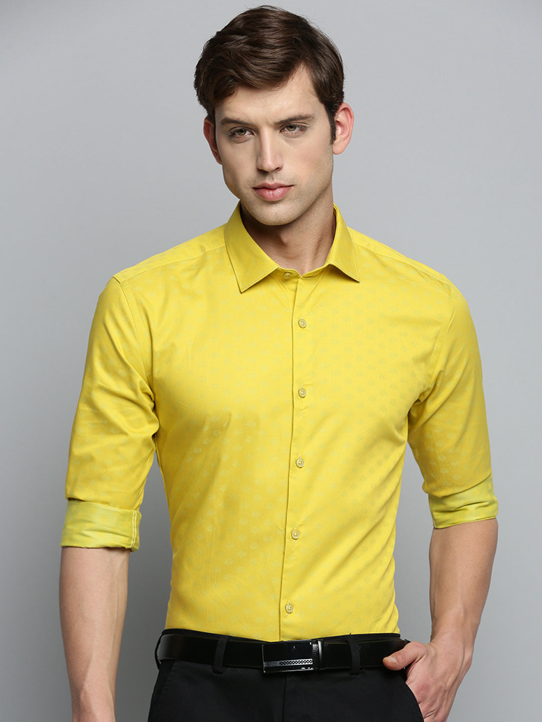 Men Spread Collar Self Design Yellow Shirt