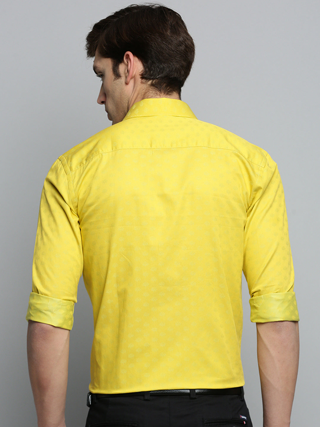 Men Spread Collar Self Design Yellow Shirt