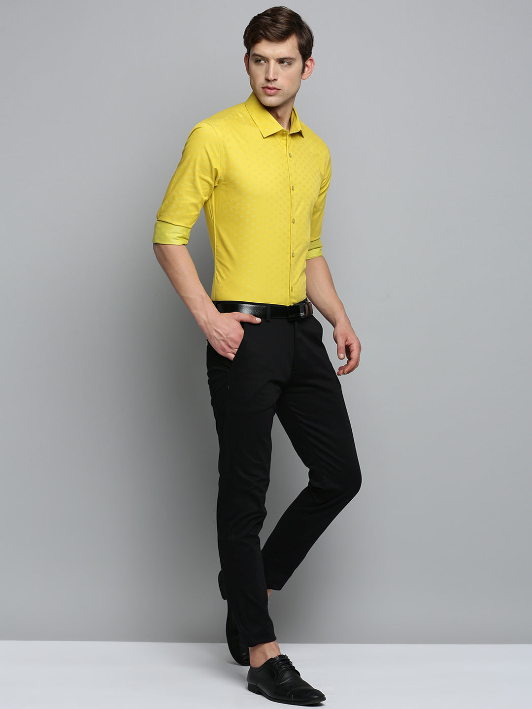 Men Spread Collar Self Design Yellow Shirt