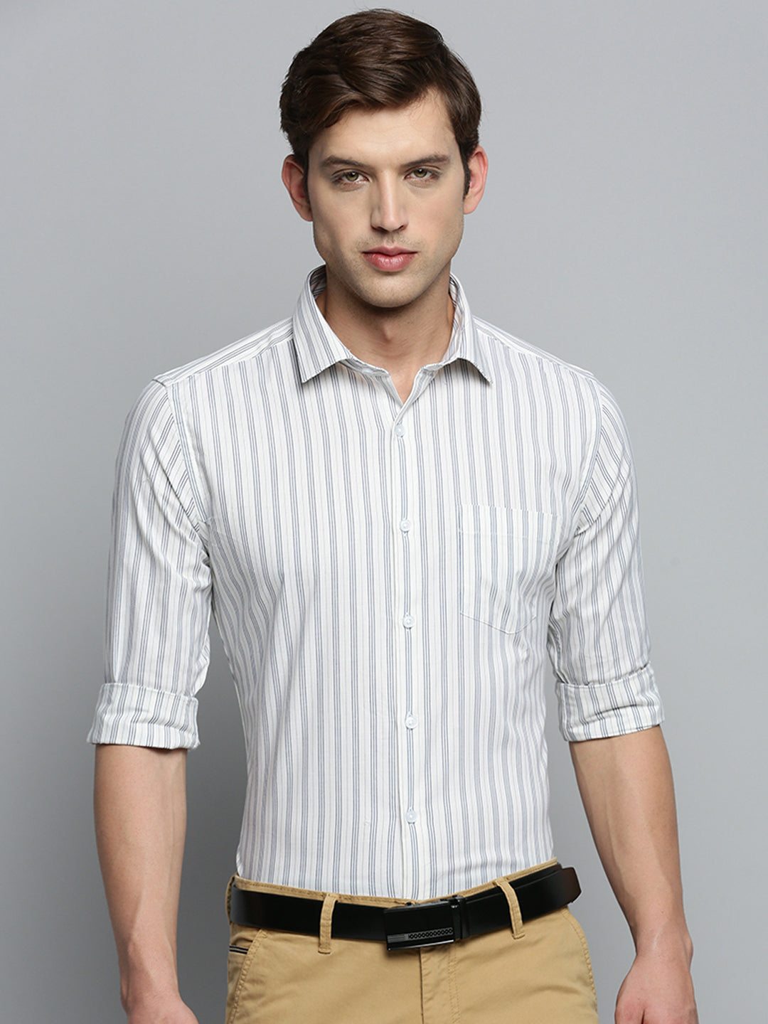 Men's Spread Collar Striped White Shirt