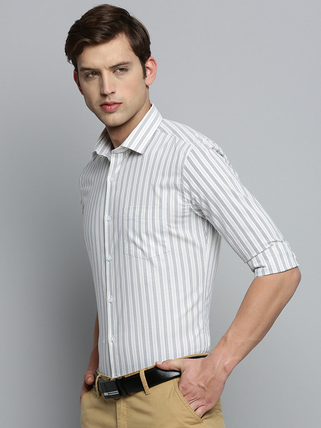 Men's Spread Collar Striped White Shirt
