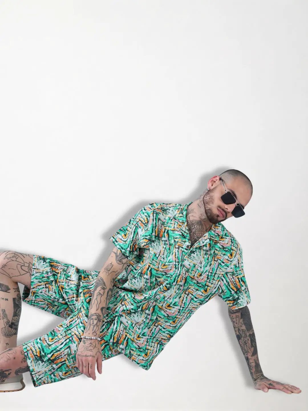 Men's Green Printed Cuban Collar Relaxed Fit Co-Ords Set - Uncategorized from SHOWOFFFF