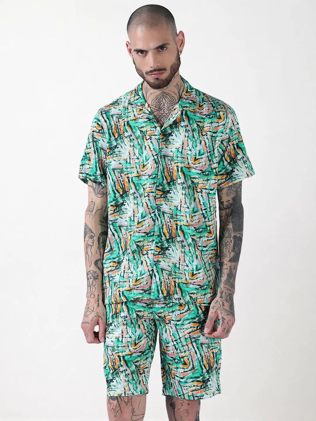 Men's Green Printed Cuban Collar Relaxed Fit Co-Ords Set - Uncategorized from SHOWOFFFF