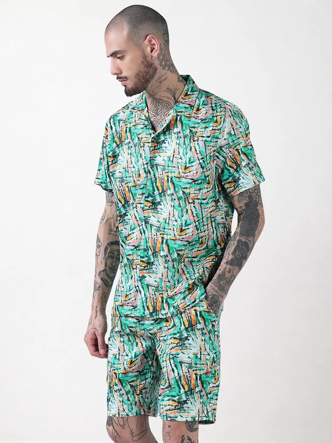 Men's Green Printed Cuban Collar Relaxed Fit Co-Ords Set - Uncategorized from SHOWOFFFF