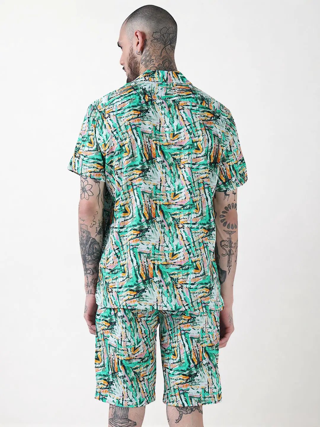 Men's Green Printed Cuban Collar Relaxed Fit Co-Ords Set - Uncategorized from SHOWOFFFF