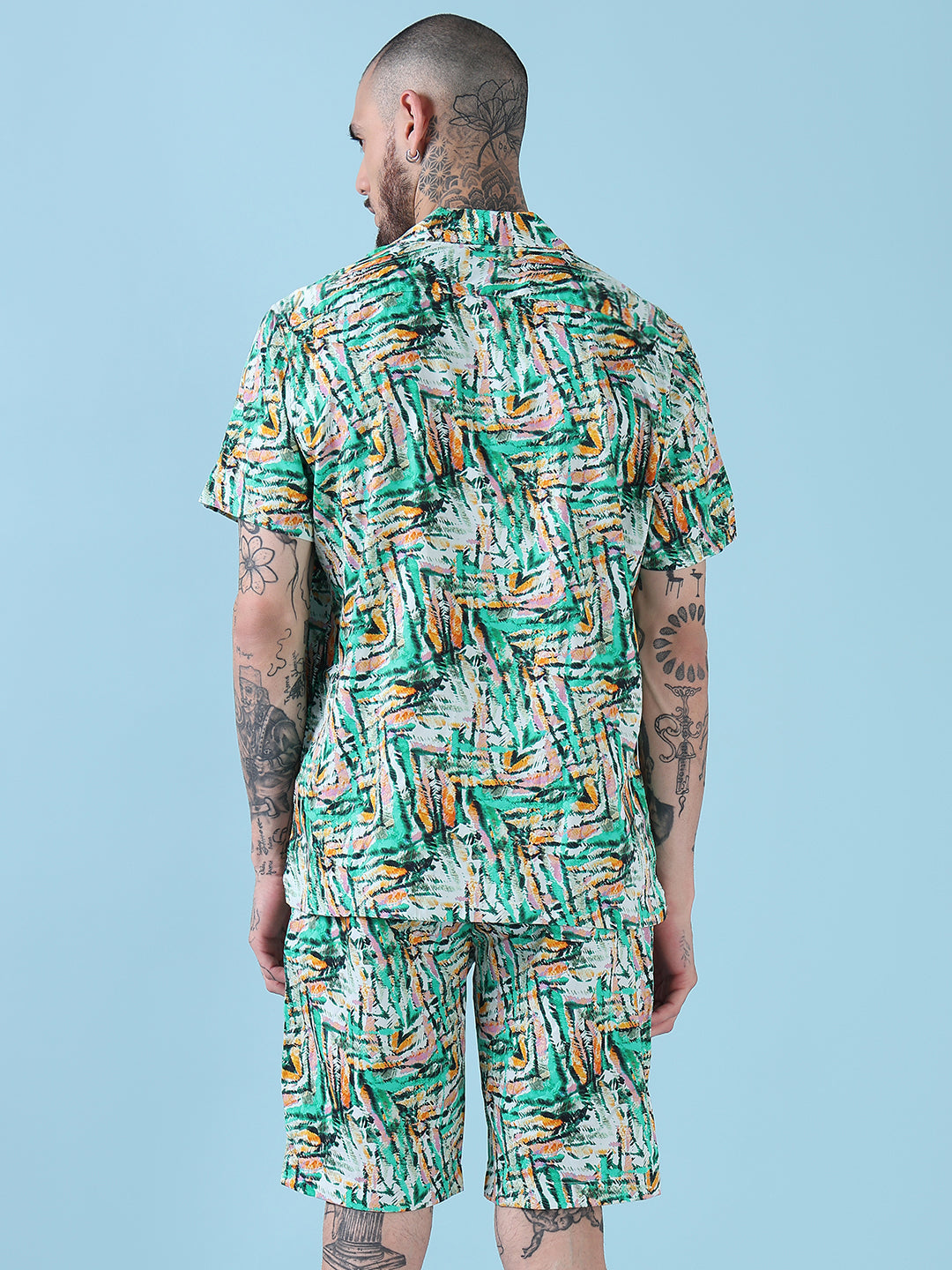 Men's Green Printed Cuban Collar Relaxed Fit Co-Ords Set