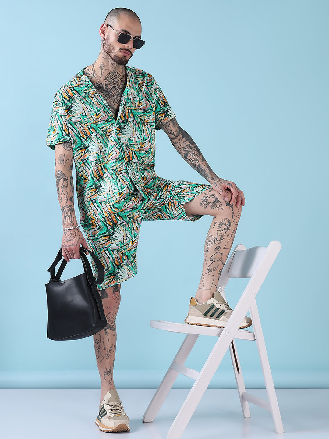 Men's Green Printed Cuban Collar Relaxed Fit Co-Ords Set