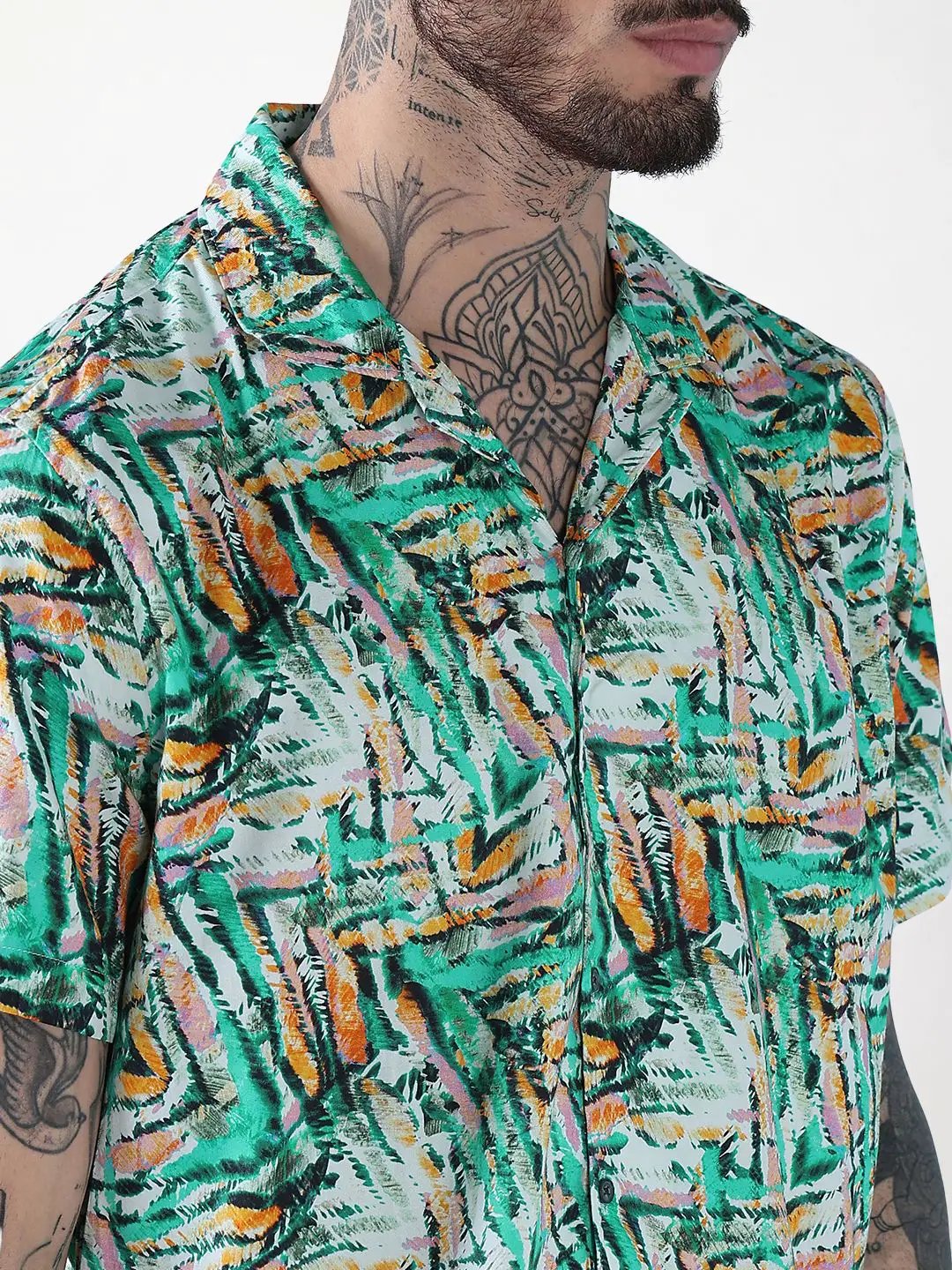 Men's Green Printed Cuban Collar Relaxed Fit Co-Ords Set - Uncategorized from SHOWOFFFF