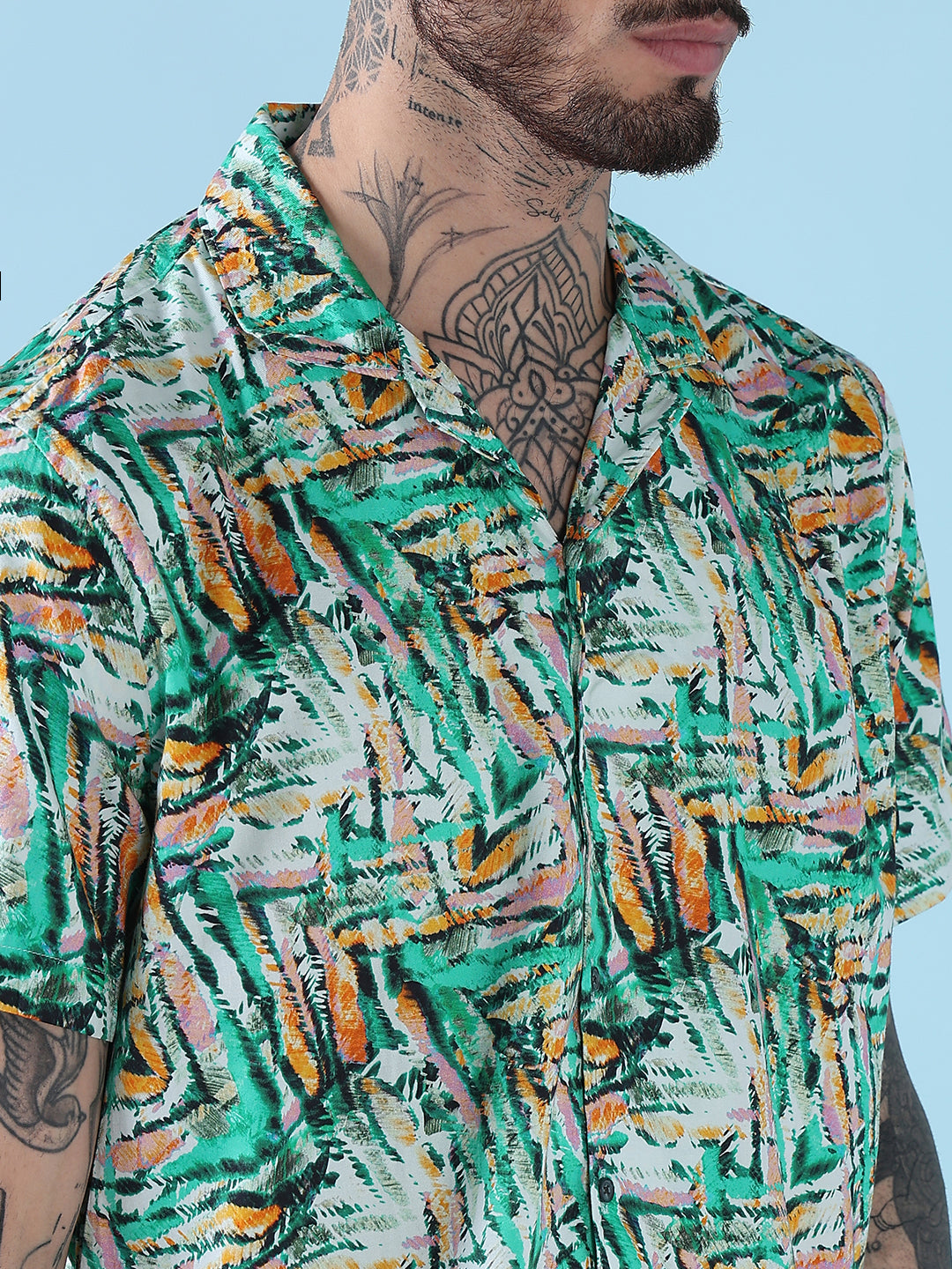 Men's Green Printed Cuban Collar Relaxed Fit Co-Ords Set