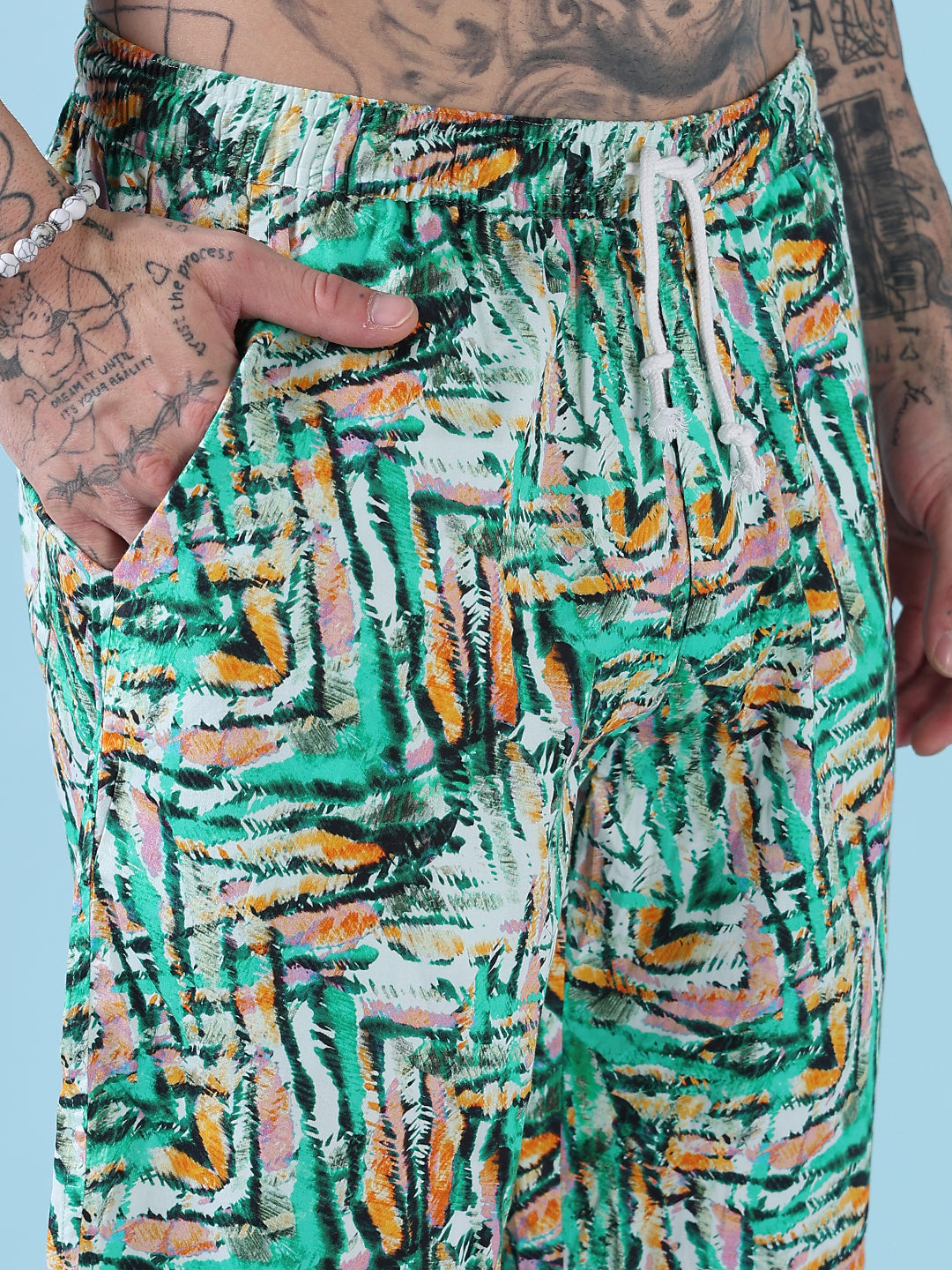 Men's Green Printed Cuban Collar Relaxed Fit Co-Ords Set