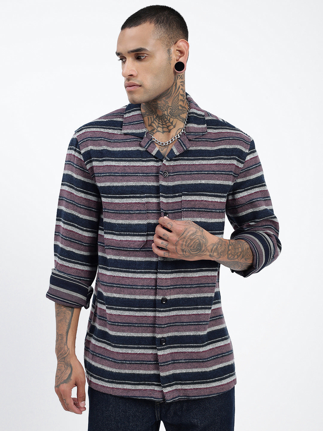 Men Striped Navy Blue Shacket