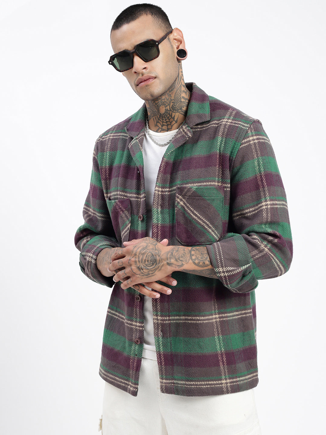 Men Checked Green Shacket