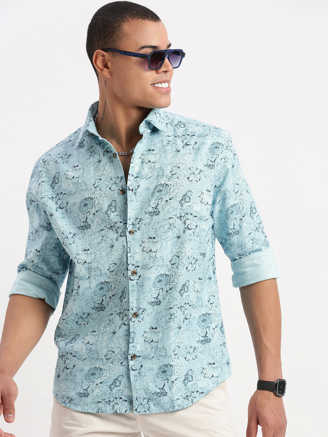 Men Floral Blue Shirt