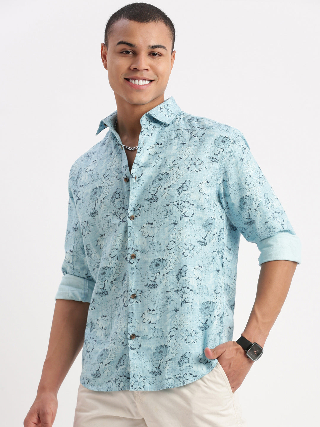 Men Floral Blue Shirt