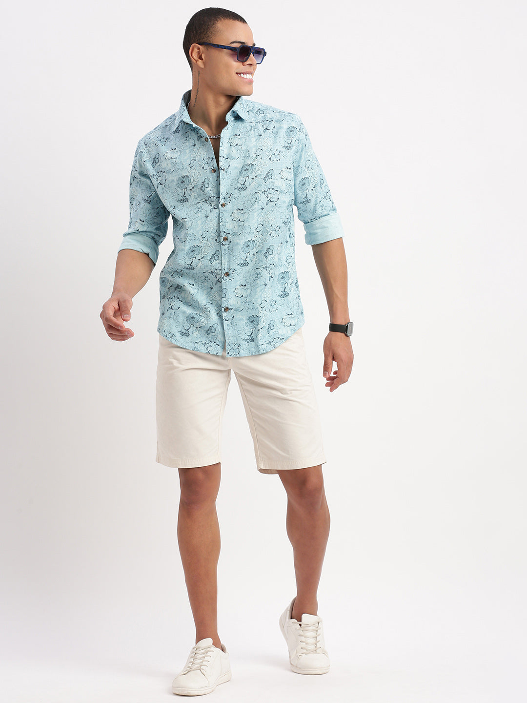 Men Floral Blue Shirt