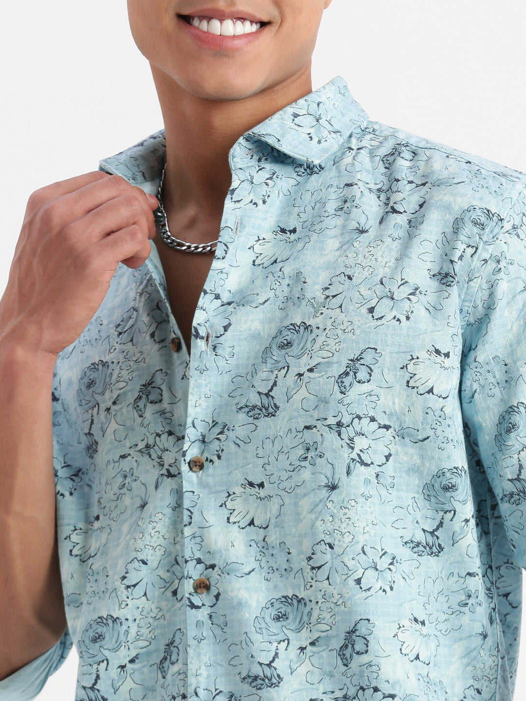 Men Floral Blue Shirt