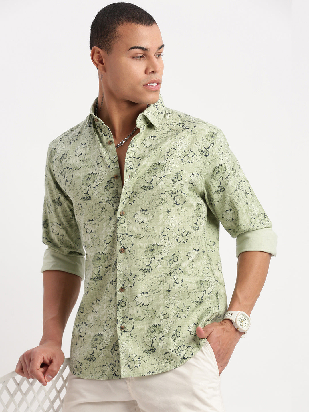 Men Floral Green Shirt