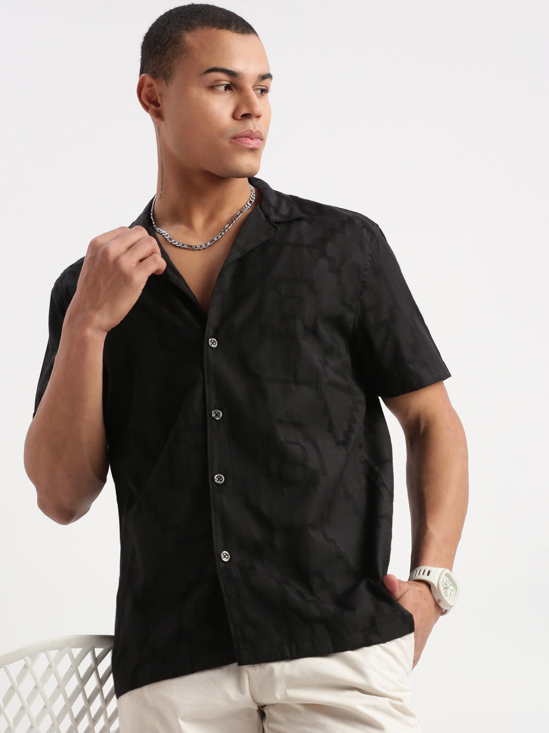 Men Cuban Collar Solid Black Shirt