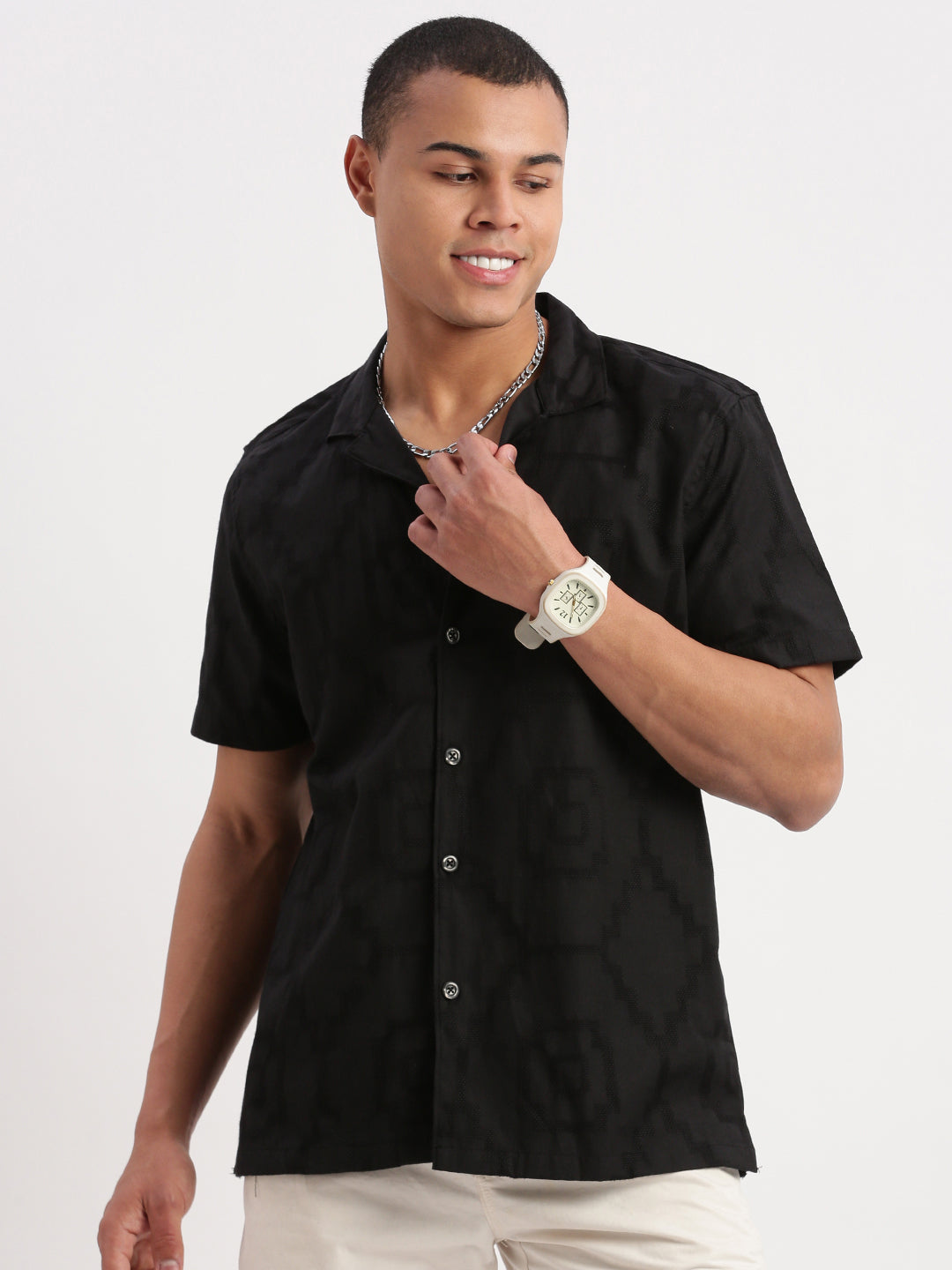 Men Cuban Collar Solid Black Shirt