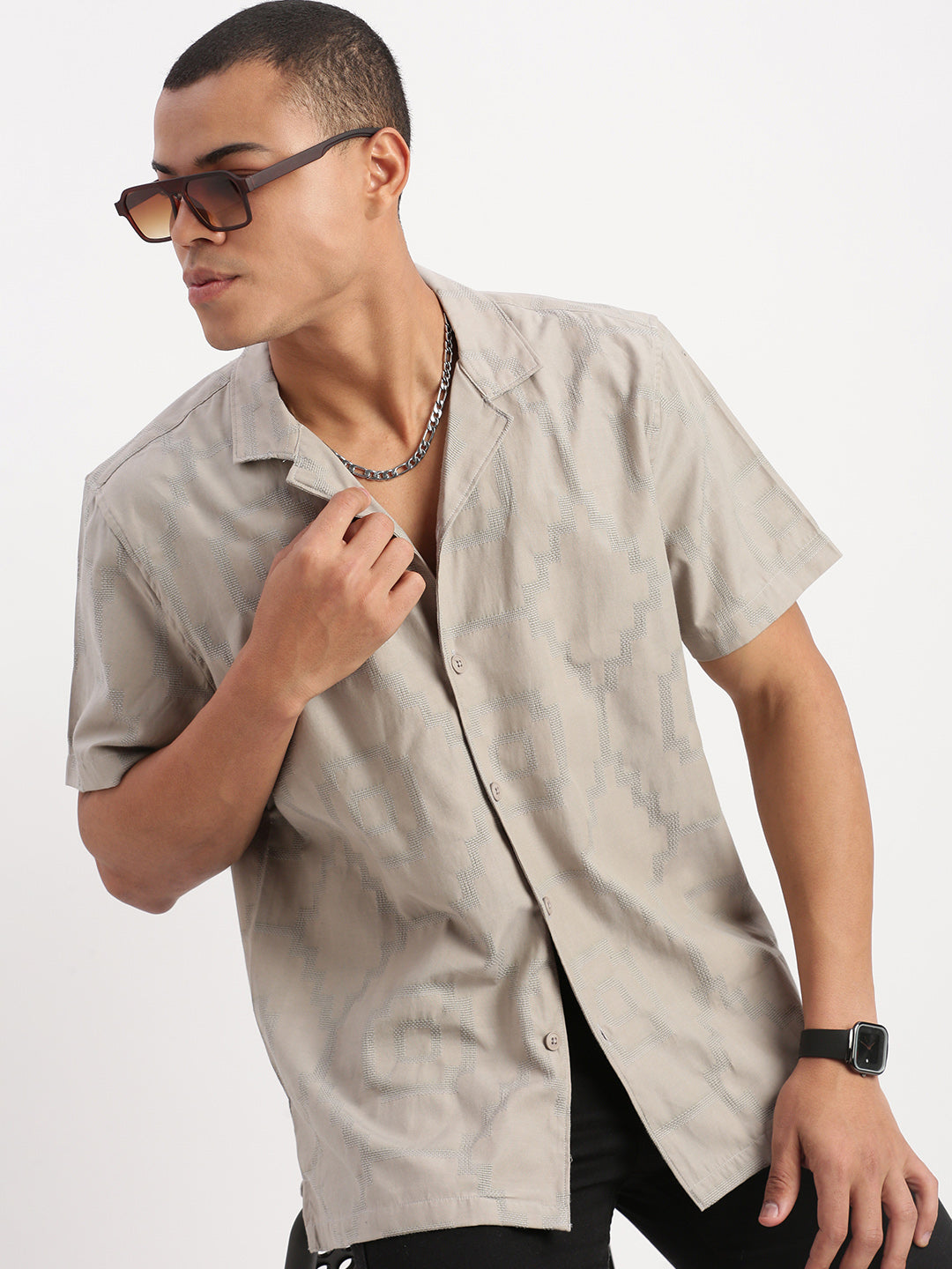 Men Cuban Collar Solid Grey Shirt