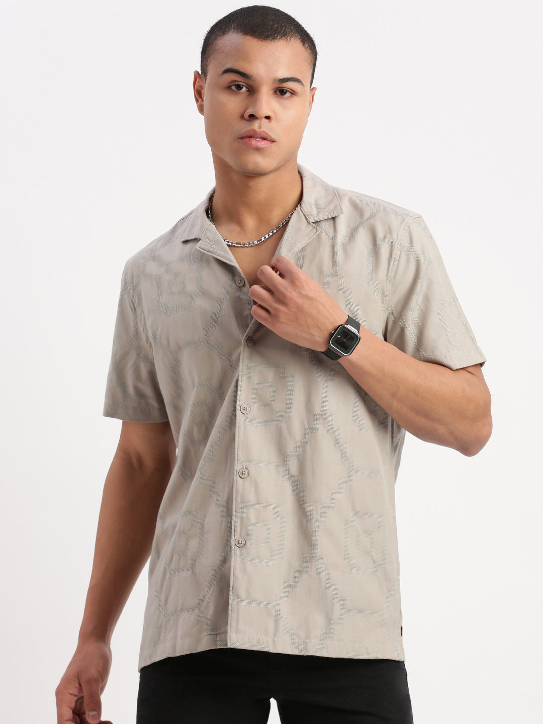 Men Cuban Collar Solid Grey Shirt