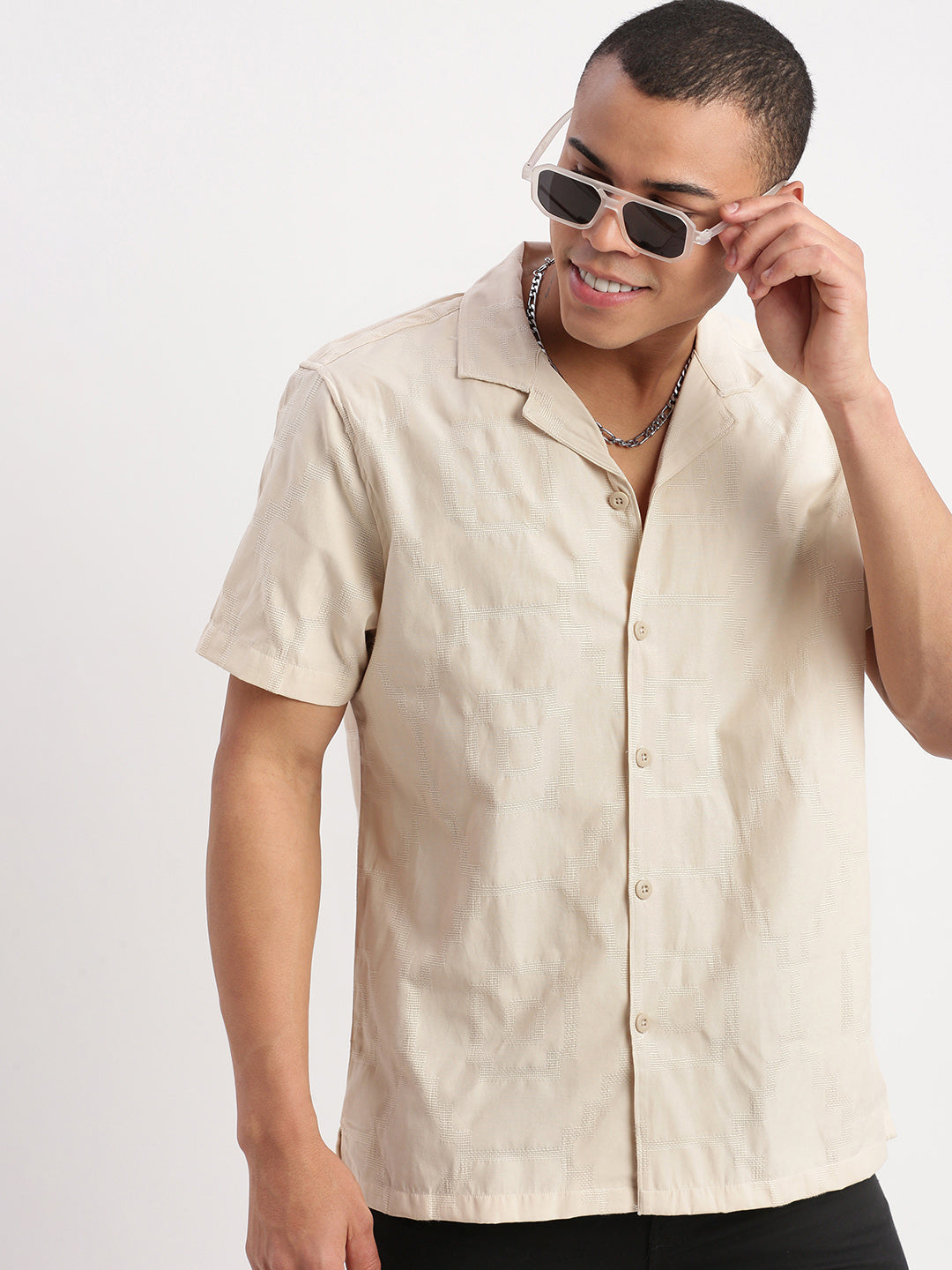 Men Cuban Collar Solid Beige Shirt