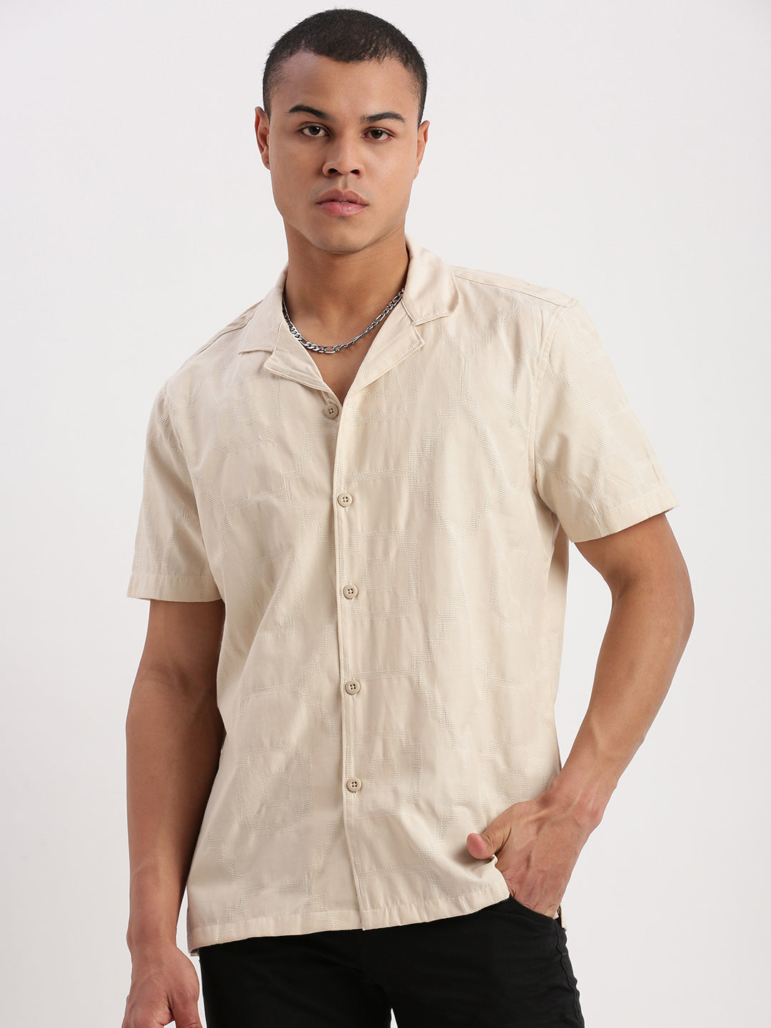 Men Cuban Collar Solid Beige Shirt