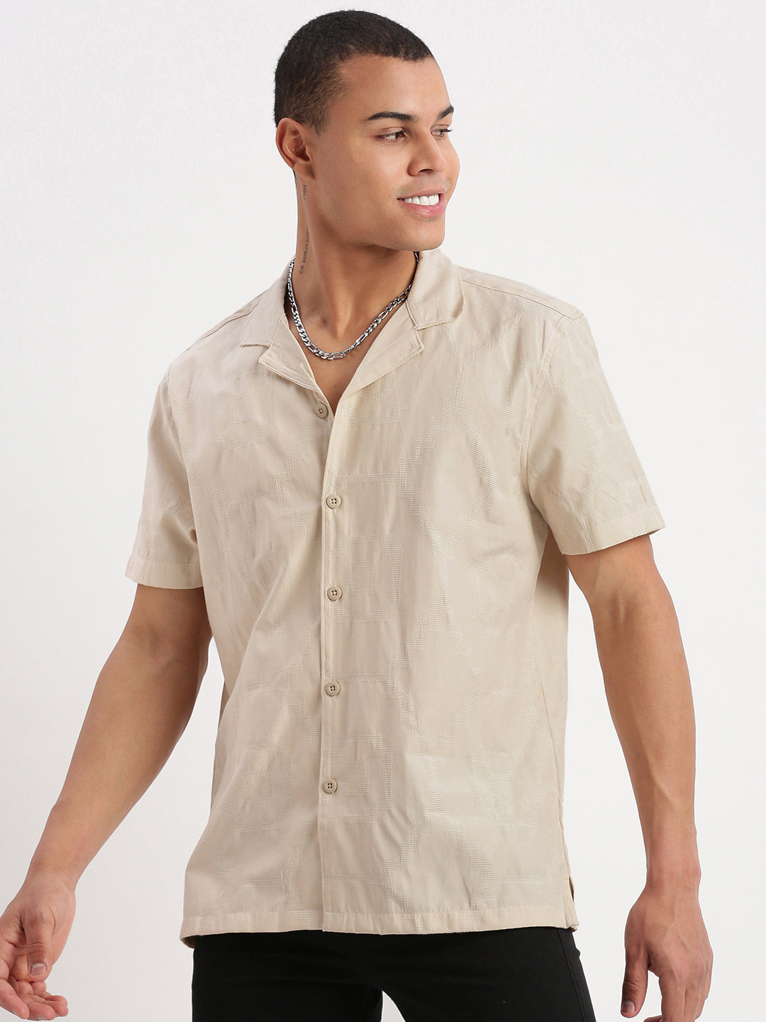 Men Cuban Collar Solid Beige Shirt