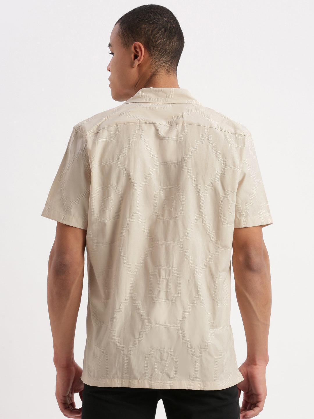 Men Cuban Collar Solid Beige Shirt