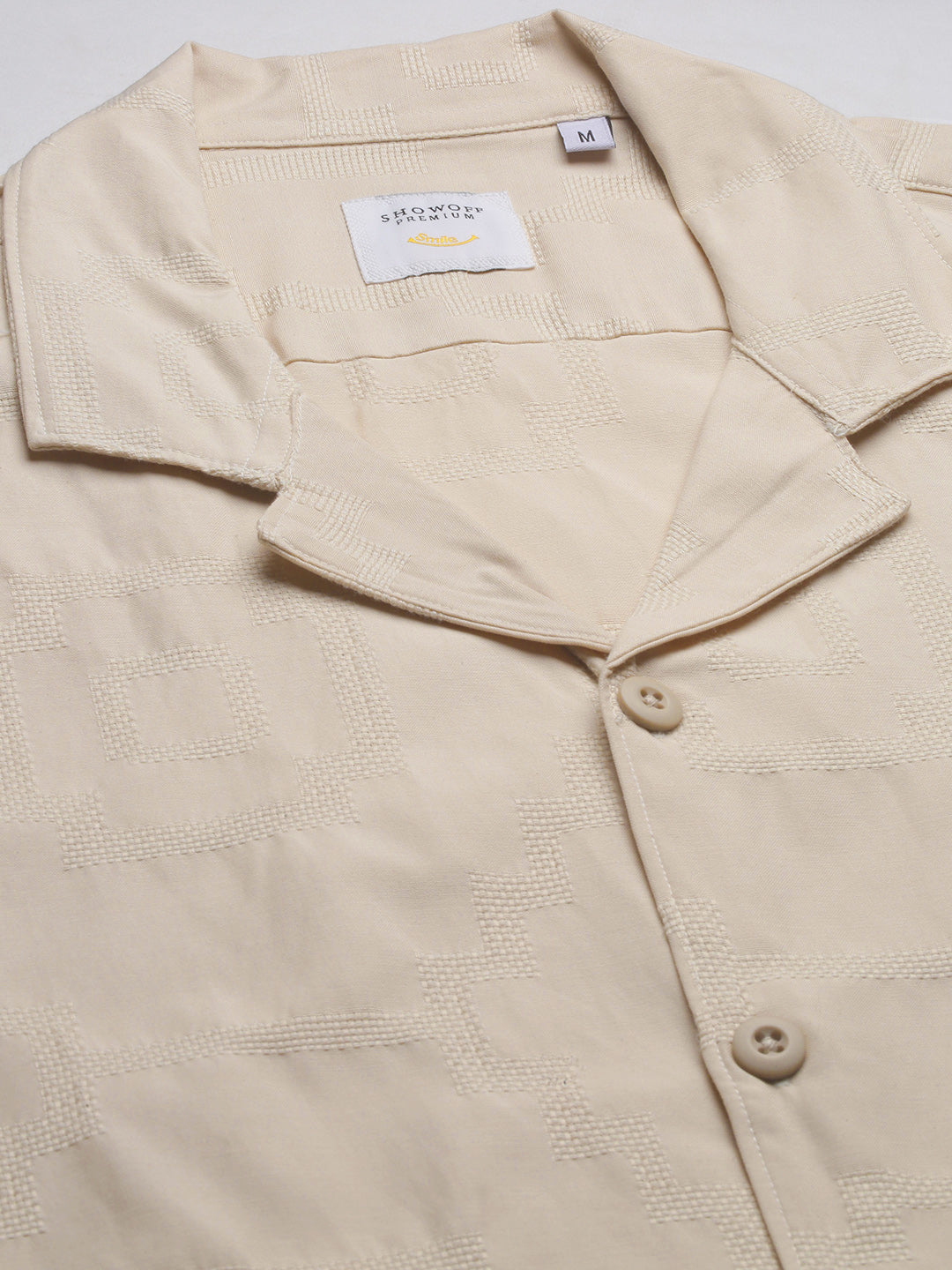 Men Cuban Collar Solid Beige Shirt