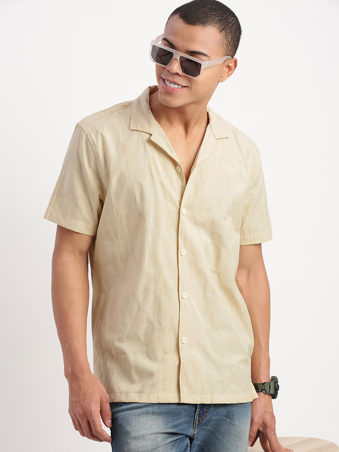 Men Cuban Collar Solid Yellow Shirt