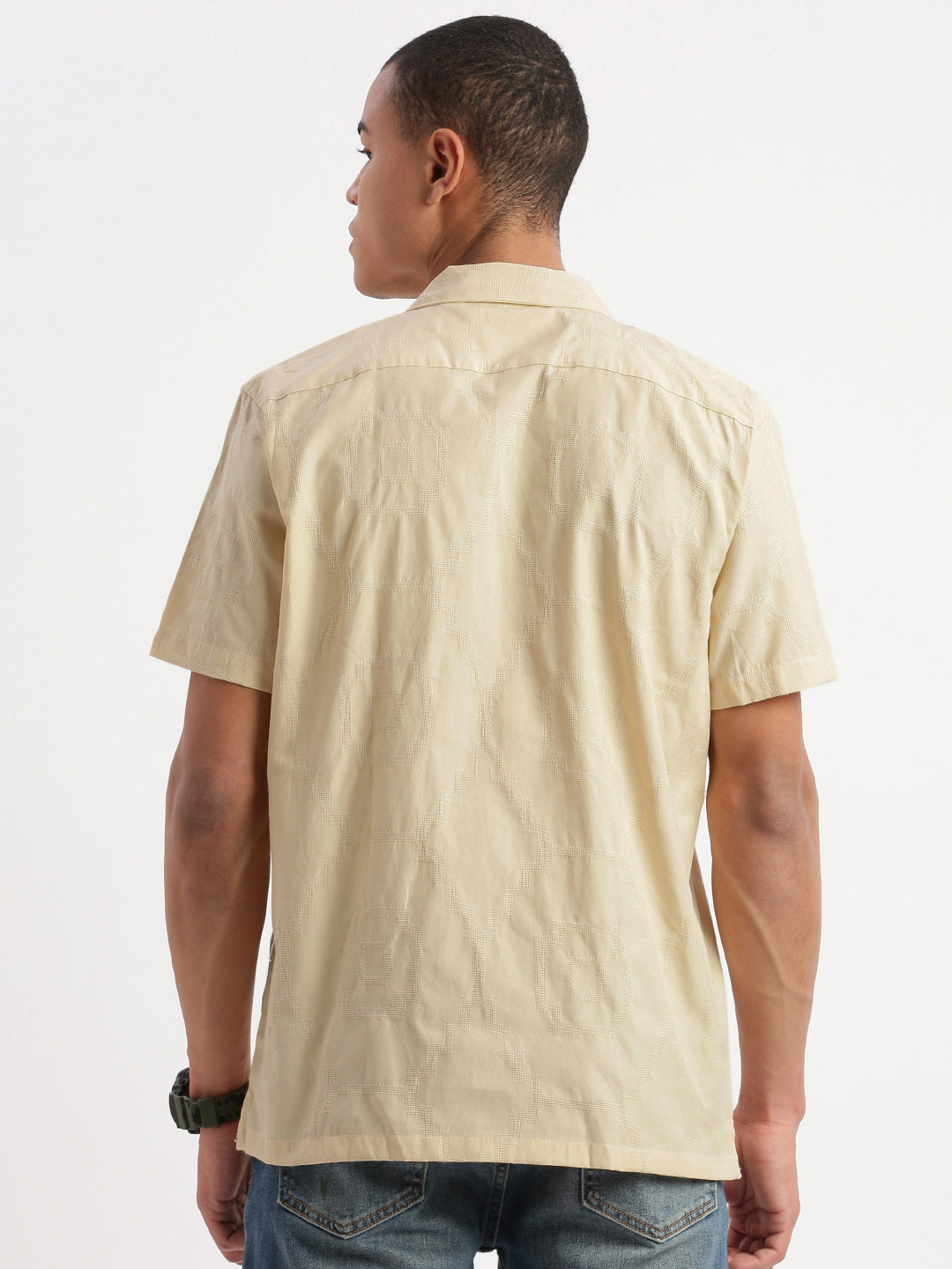 Men Cuban Collar Solid Yellow Shirt