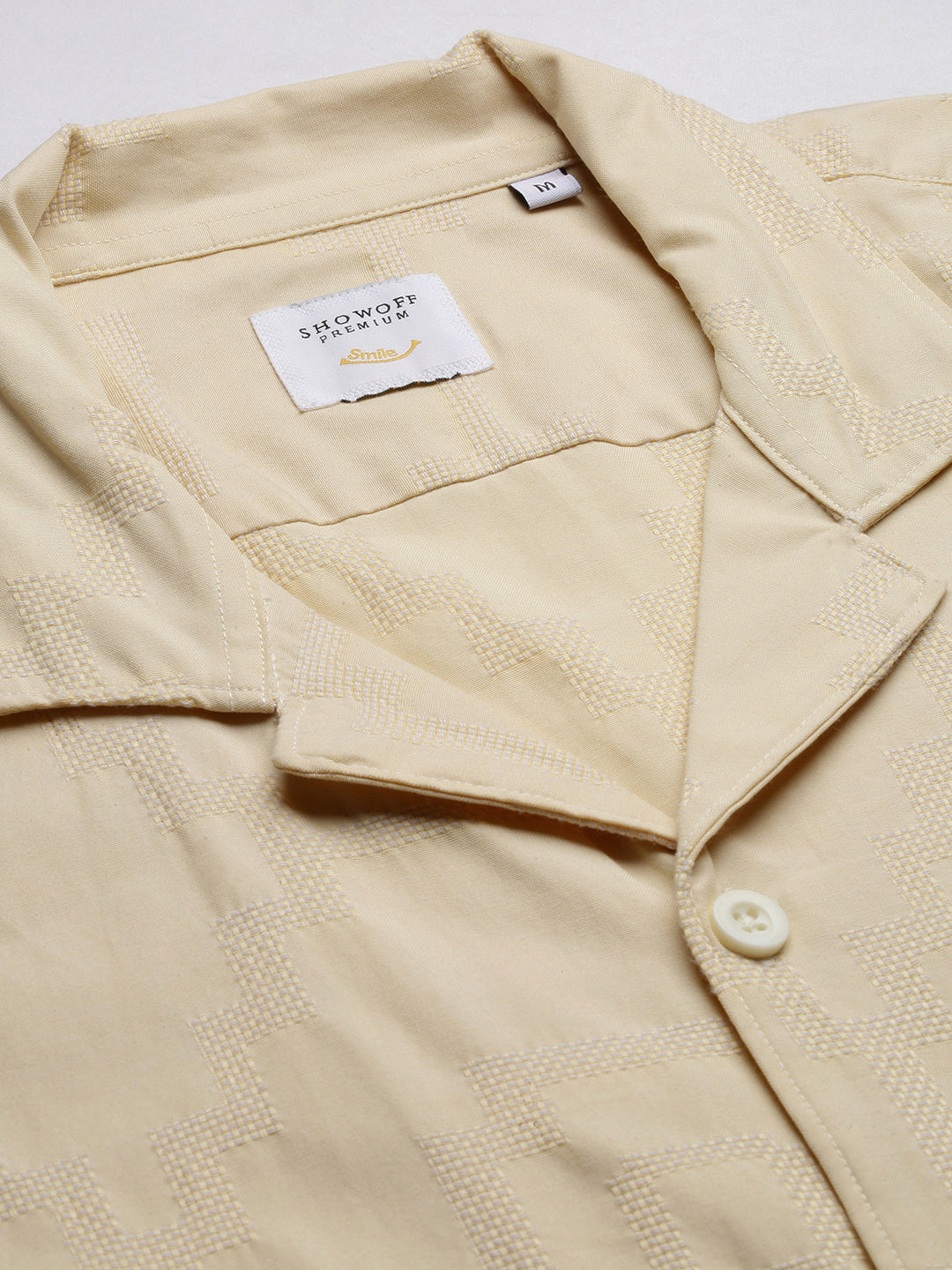 Men Cuban Collar Solid Yellow Shirt