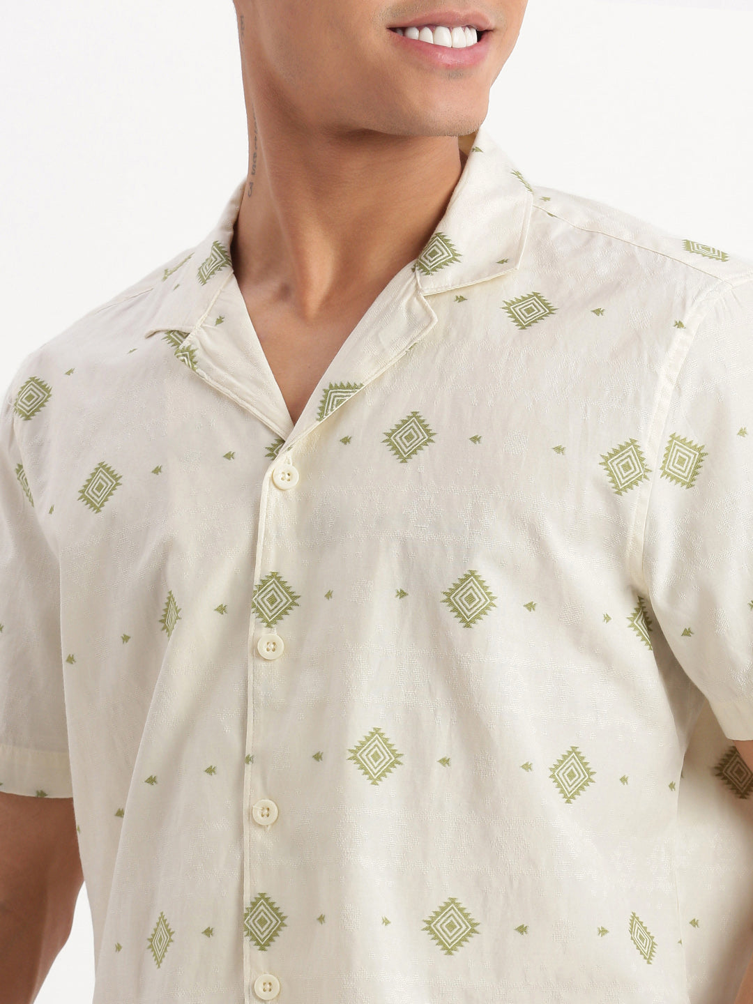 Men Cuban Collar Geometric Cream Shirt