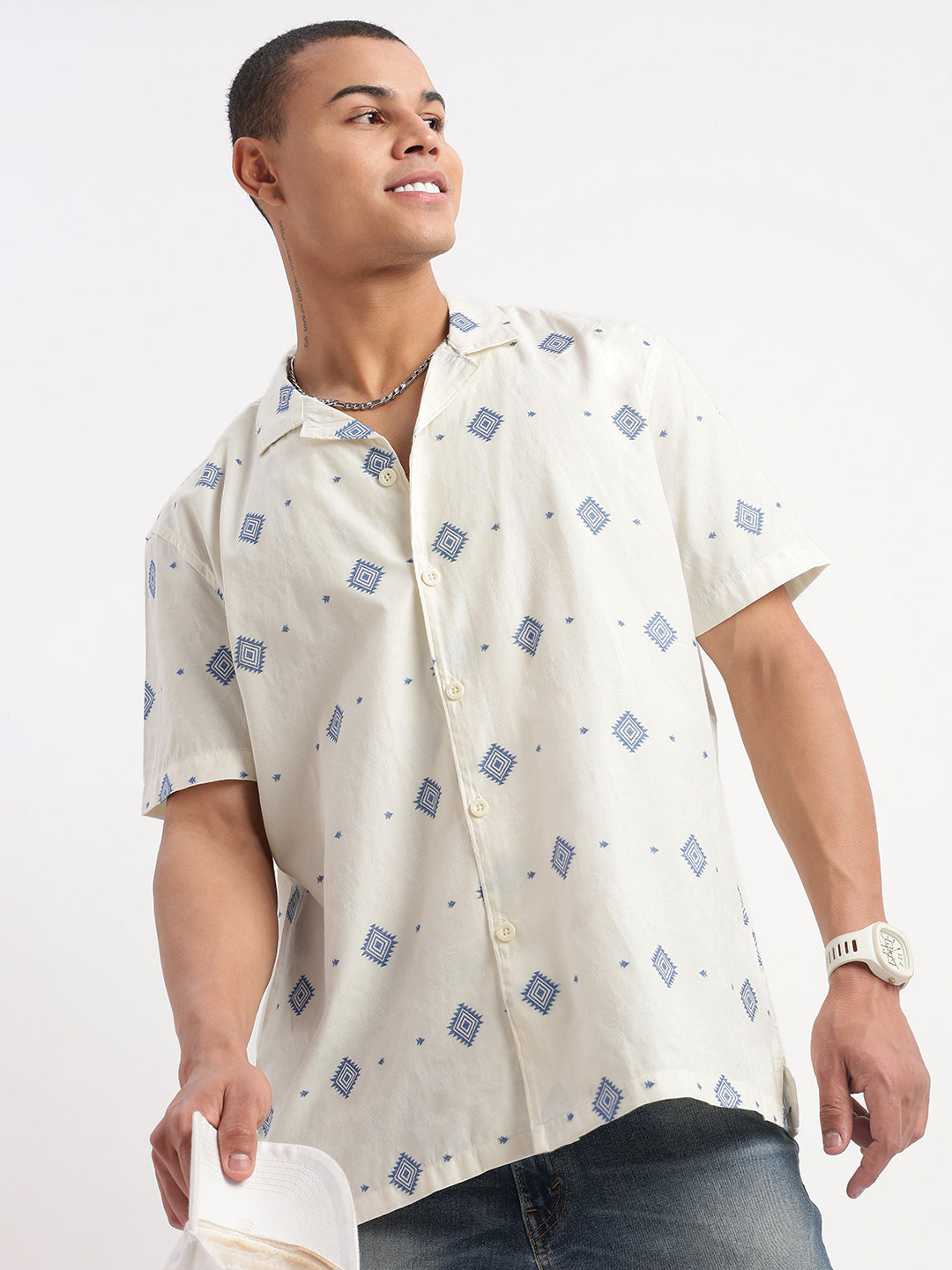 Men Cuban Collar Geometric Cream Shirt