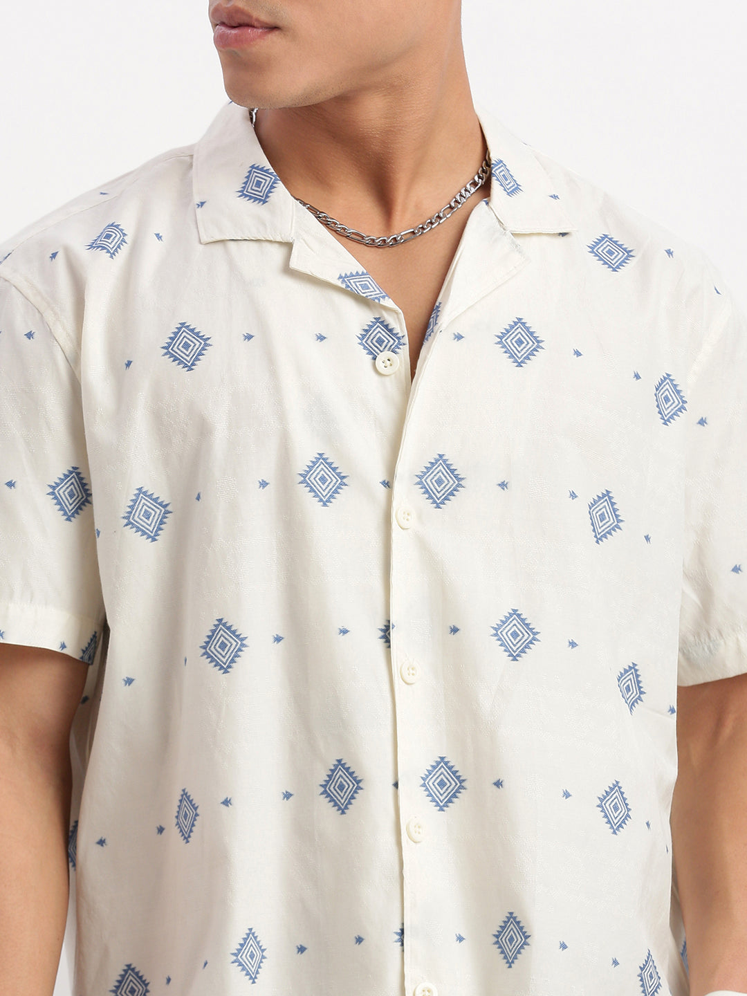 Men Cuban Collar Geometric Cream Shirt