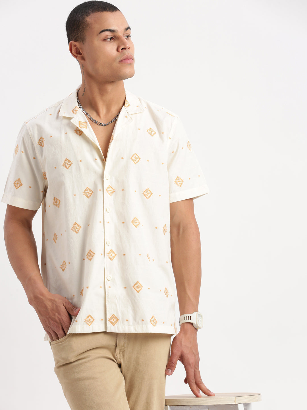 Men Cuban Collar Geometric Cream Shirt