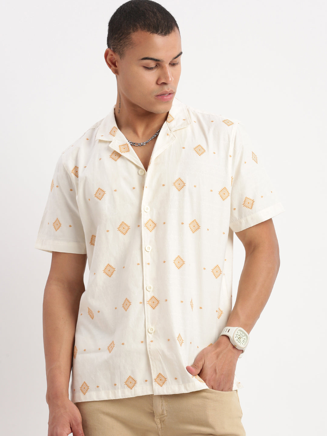 Men Cuban Collar Geometric Cream Shirt