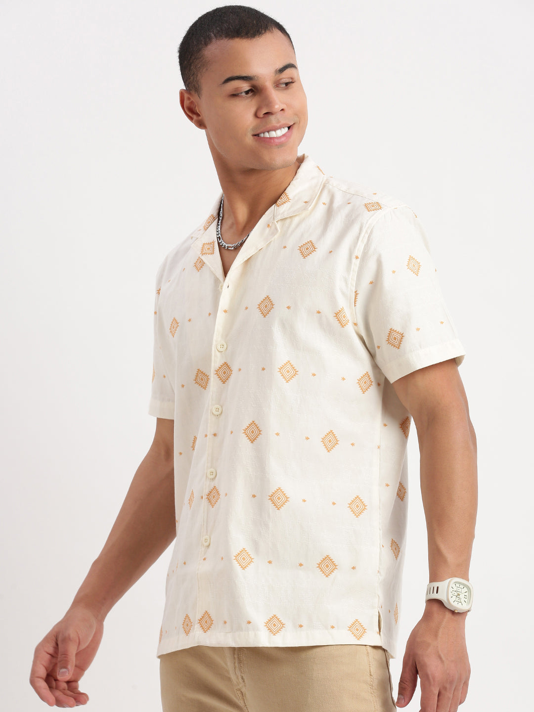 Men Cuban Collar Geometric Cream Shirt