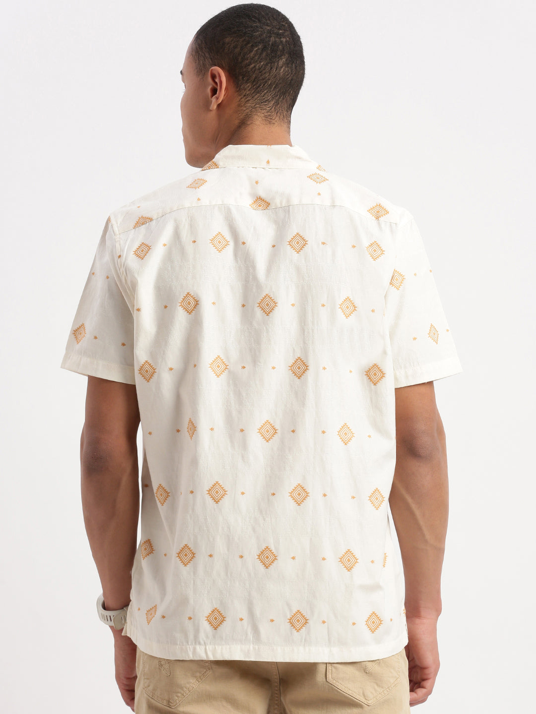 Men Cuban Collar Geometric Cream Shirt