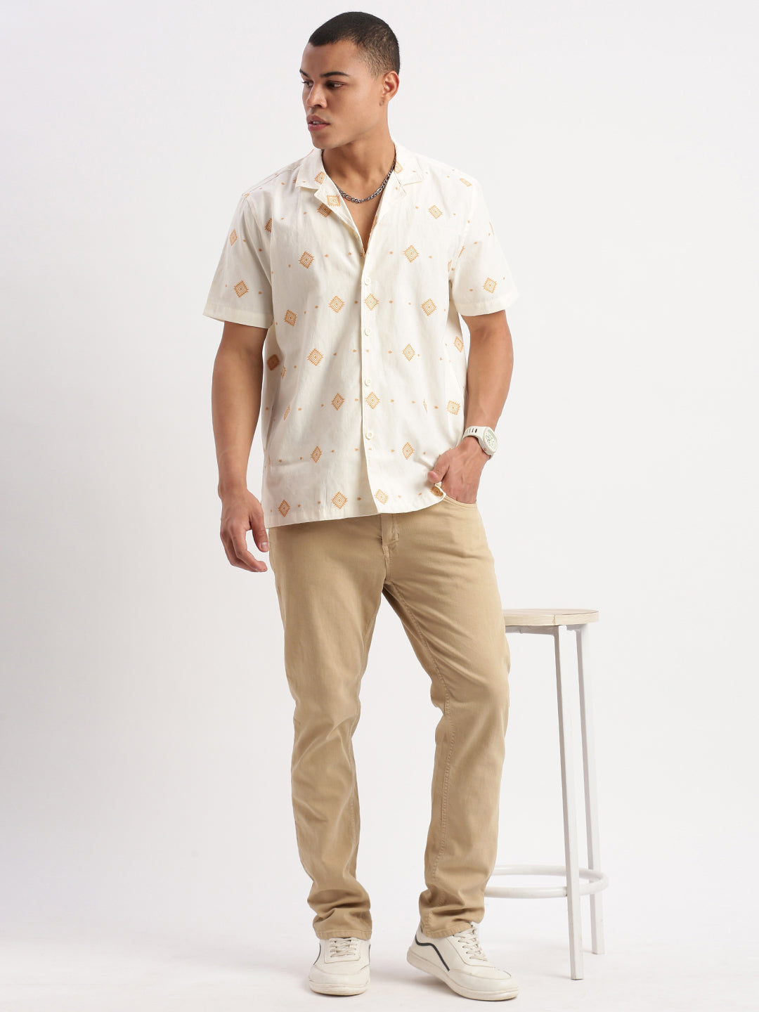 Men Cuban Collar Geometric Cream Shirt