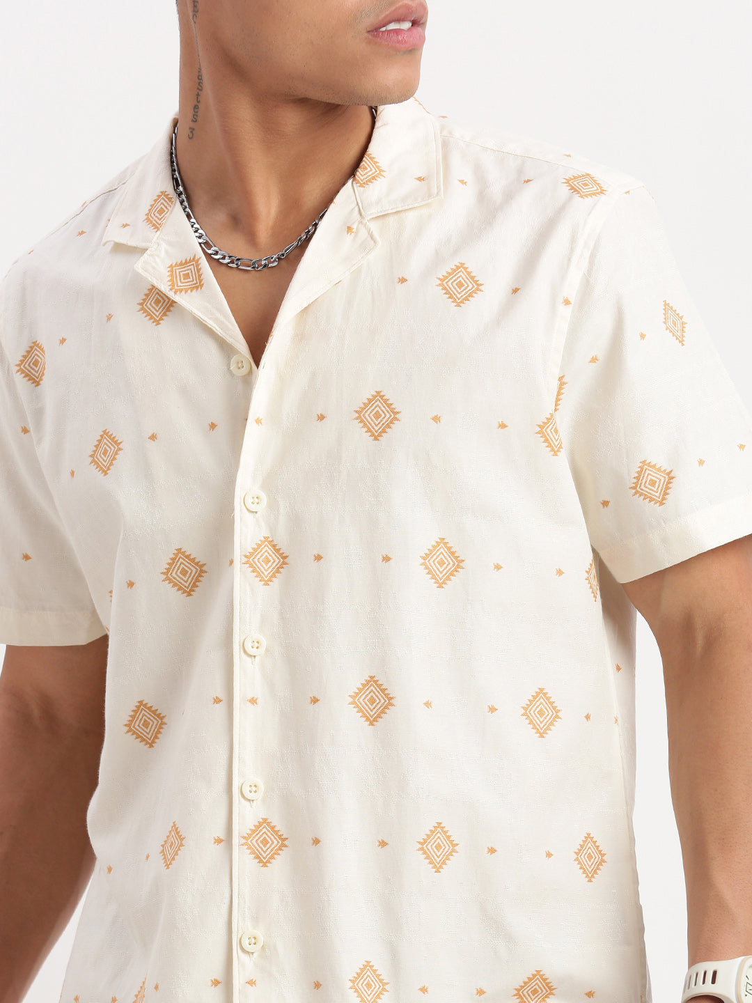 Men Cuban Collar Geometric Cream Shirt