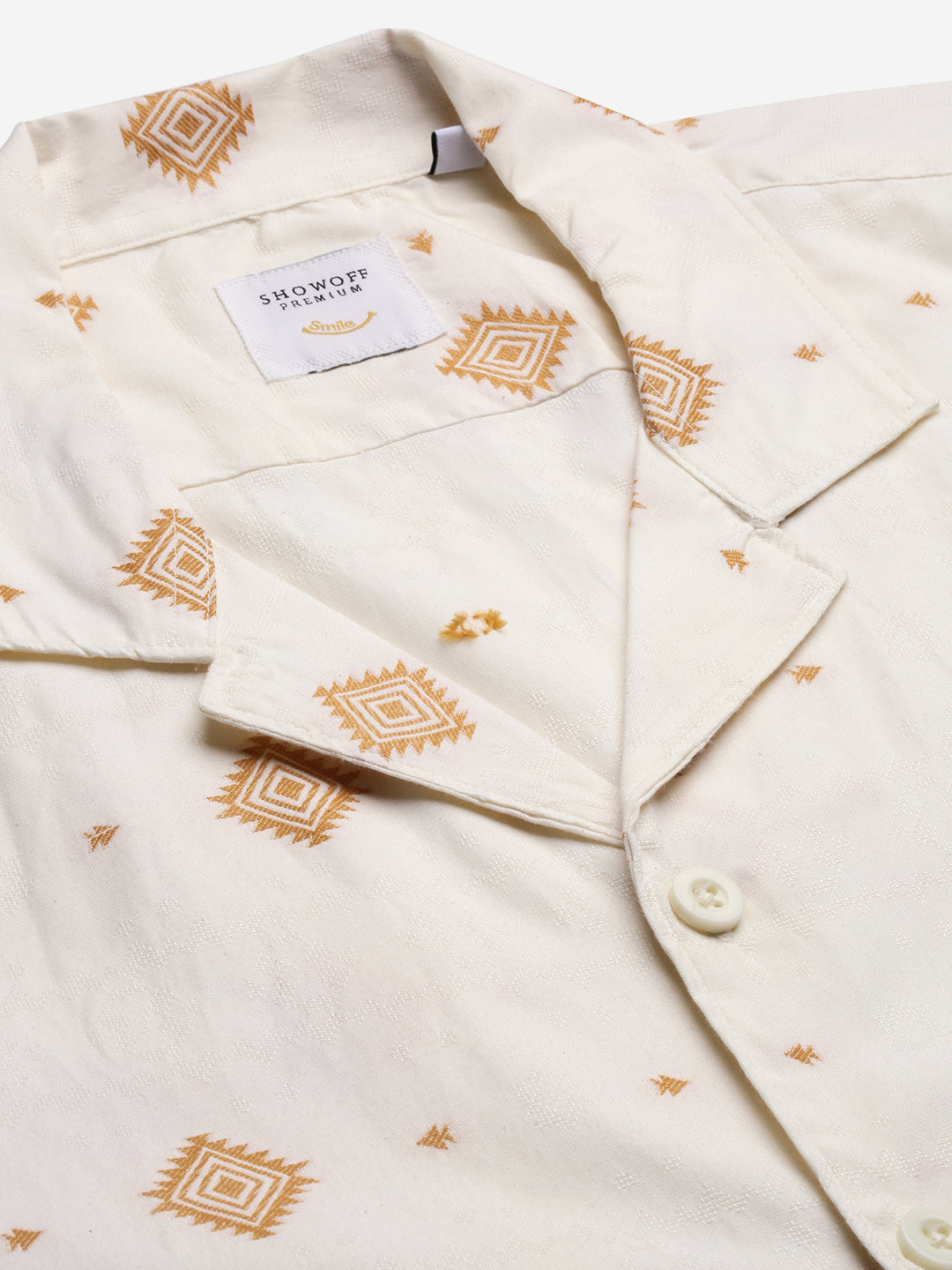 Men Cuban Collar Geometric Cream Shirt