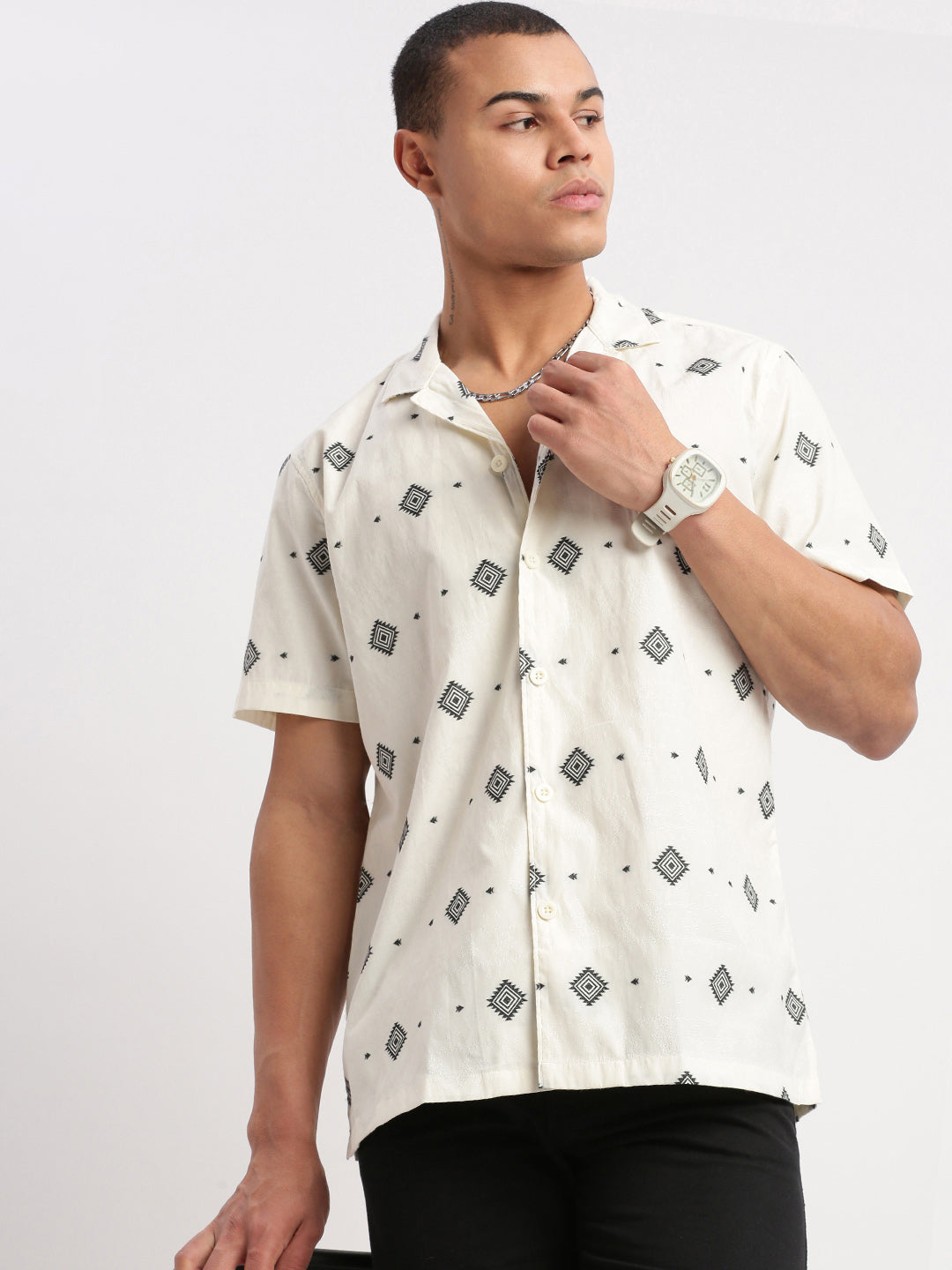 Men Cuban Collar Geometric Cream Shirt