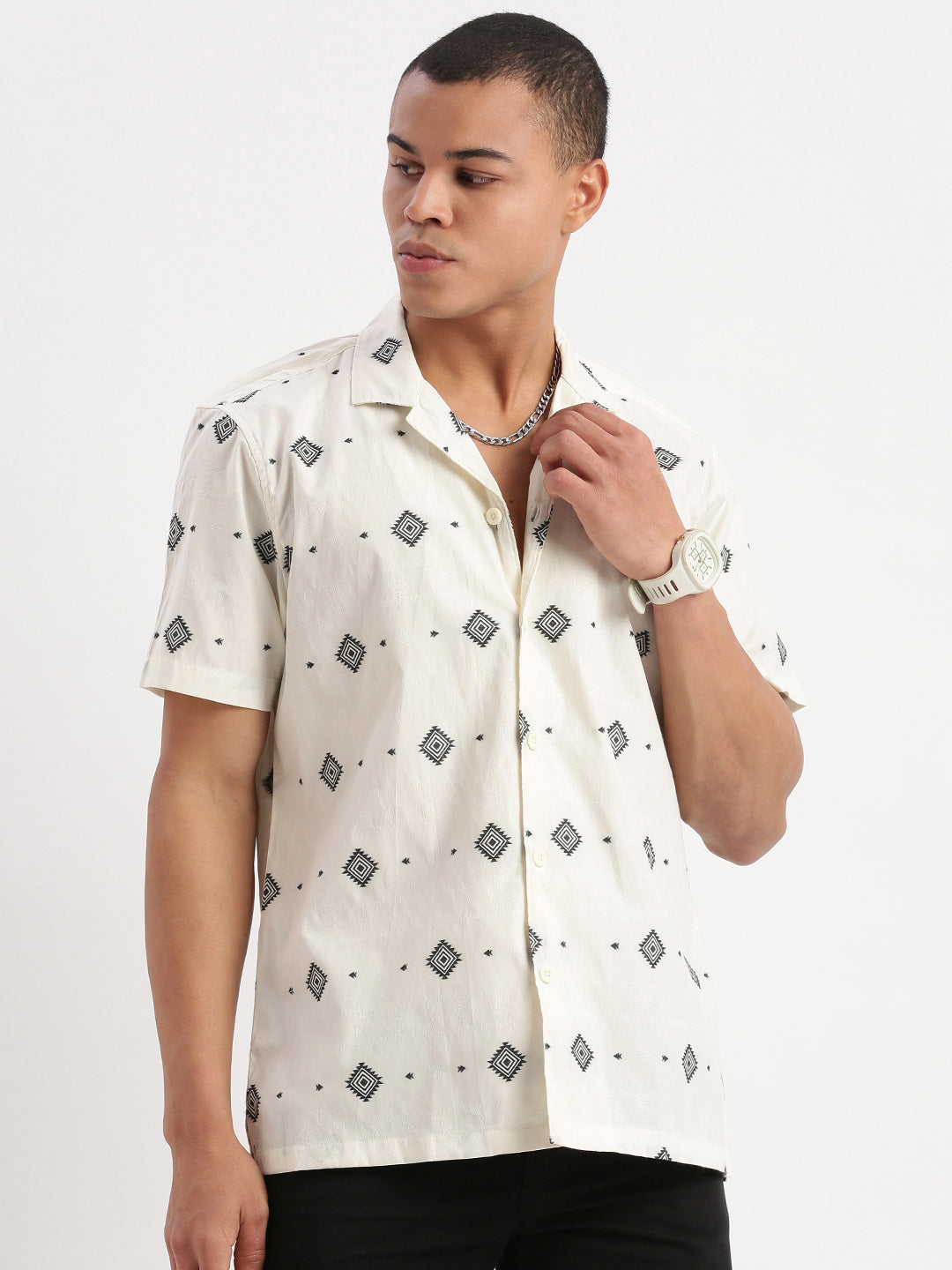 Men Cuban Collar Geometric Cream Shirt