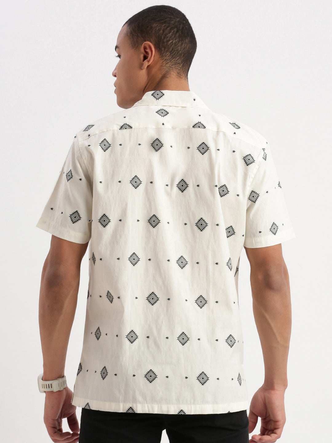 Men Cuban Collar Geometric Cream Shirt